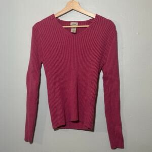 Women's Size M Vintage L.L Bean 100% Merino Wool Pink Ribbed V-Neck Sweater